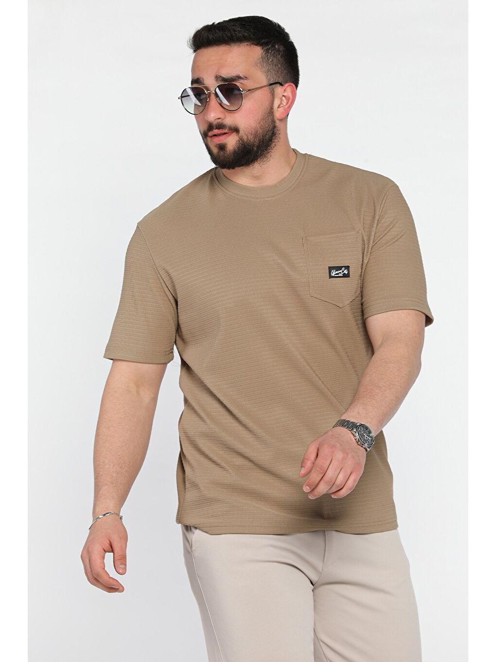 Bej Bisiklet Yaka Cepli Erkek Tişört-1