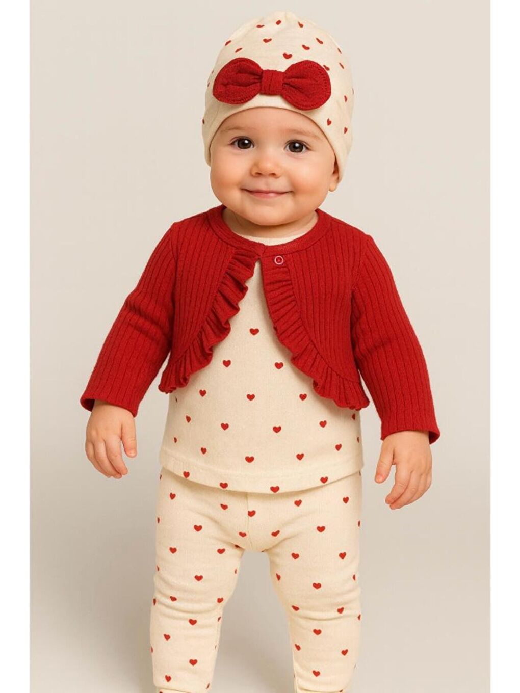Kırmızı Kız Bebek Fırfırlı Hırka Desenli Tulum Fiyonk Bere 3’lü Takım-1