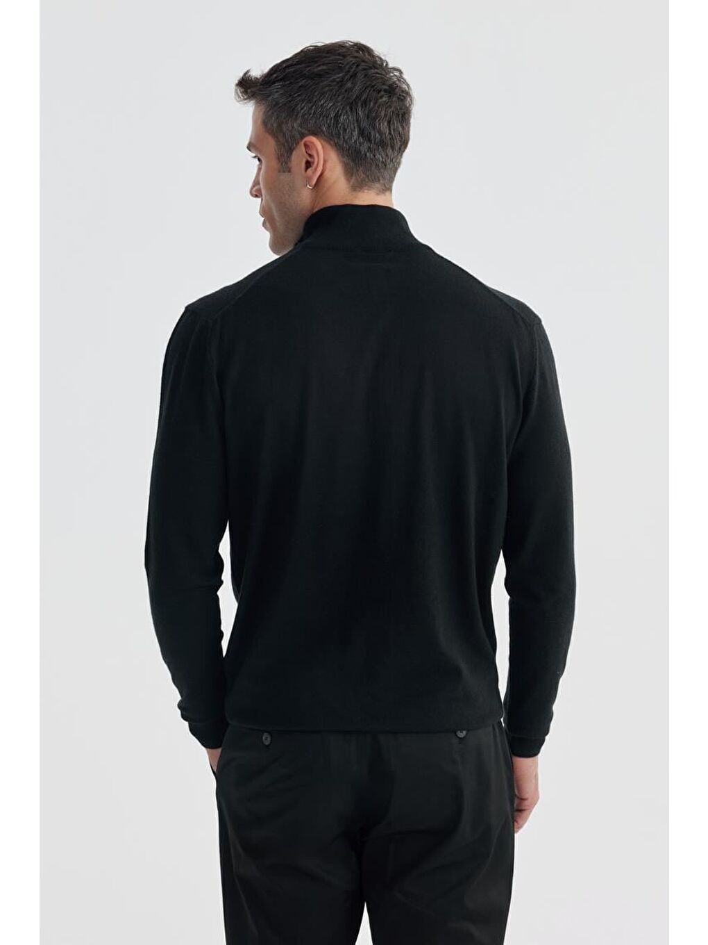 Siyah Slim Fit Fermuarlı Dik Yaka Triko Kazak-3