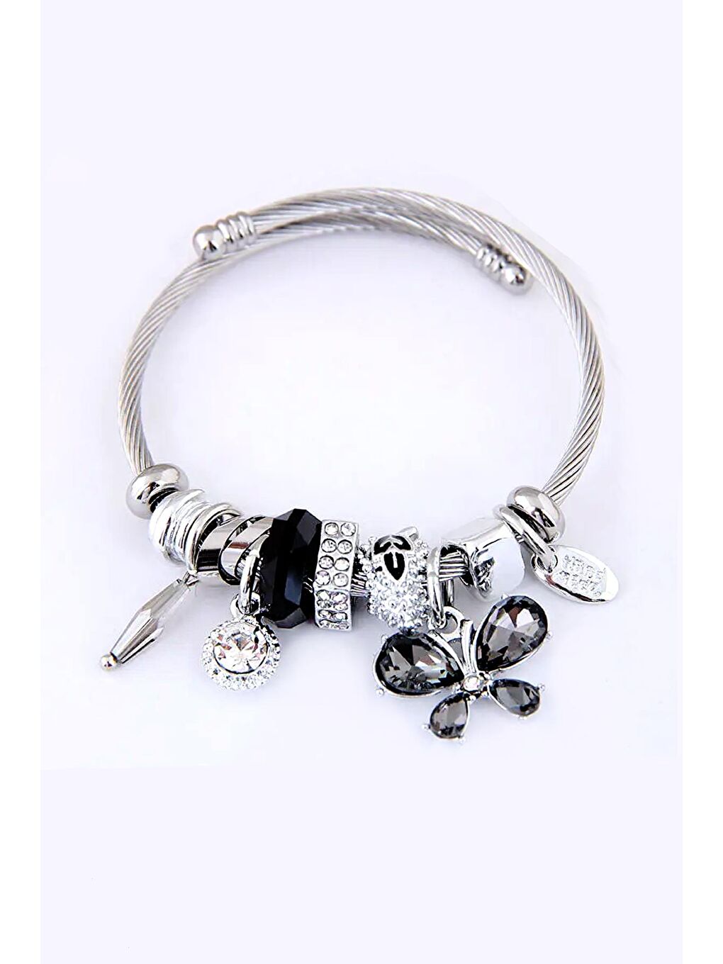 Gri Paslanmaz Kristal kelebek Detaylı Siyah Charm Sallantılı Bileklik-1
