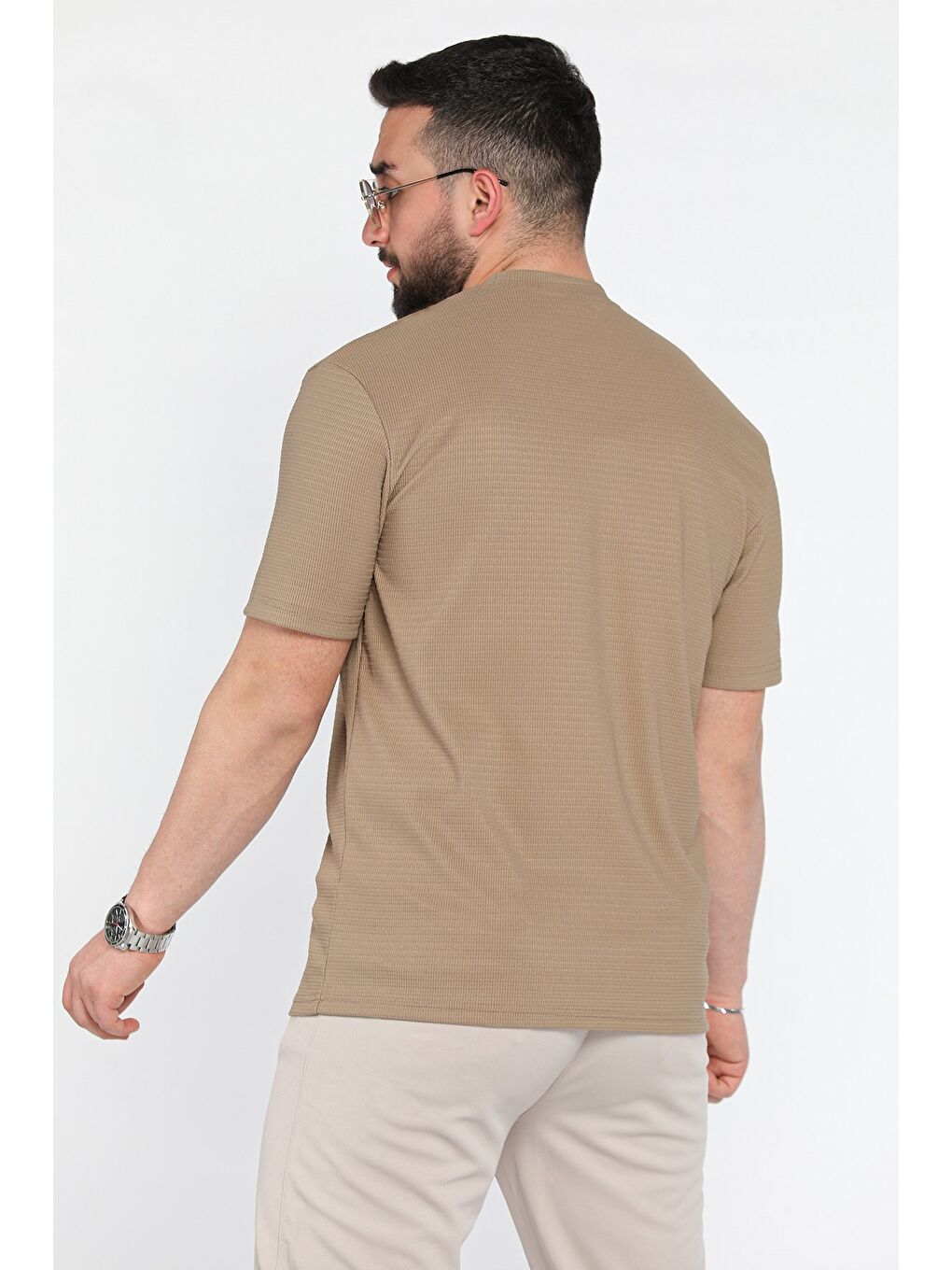 Bej Bisiklet Yaka Cepli Erkek Tişört-2