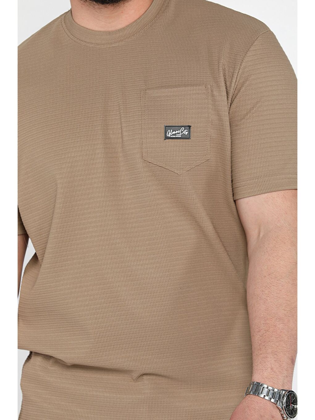 Bej Bisiklet Yaka Cepli Erkek Tişört-3