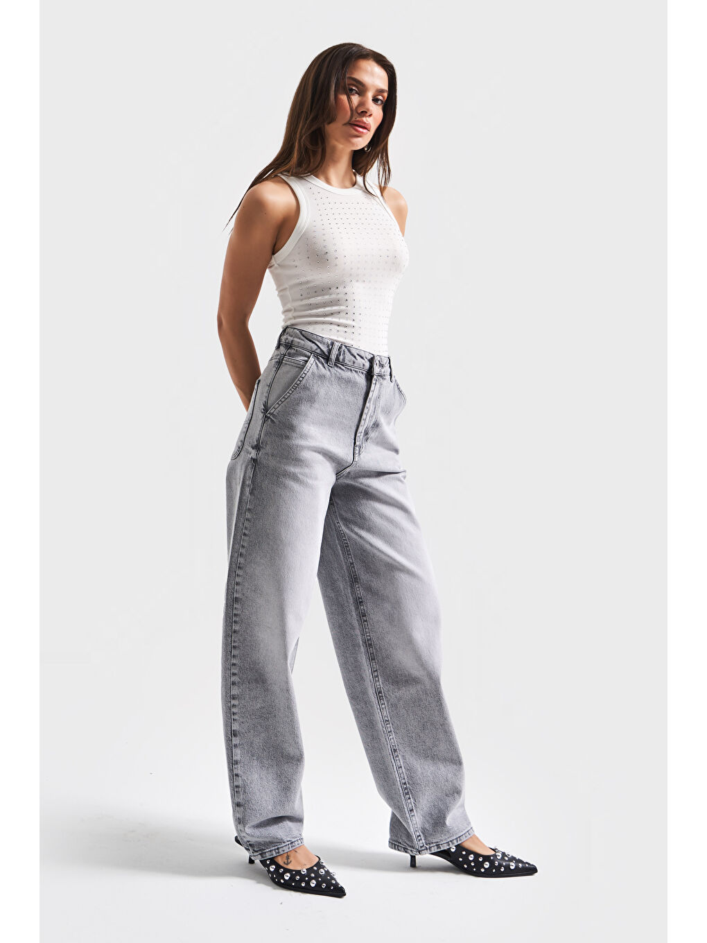 Kadın Gri Renk 4S5-12 Skater Fit Elastanlı Bol Kesim Denim Jean-4