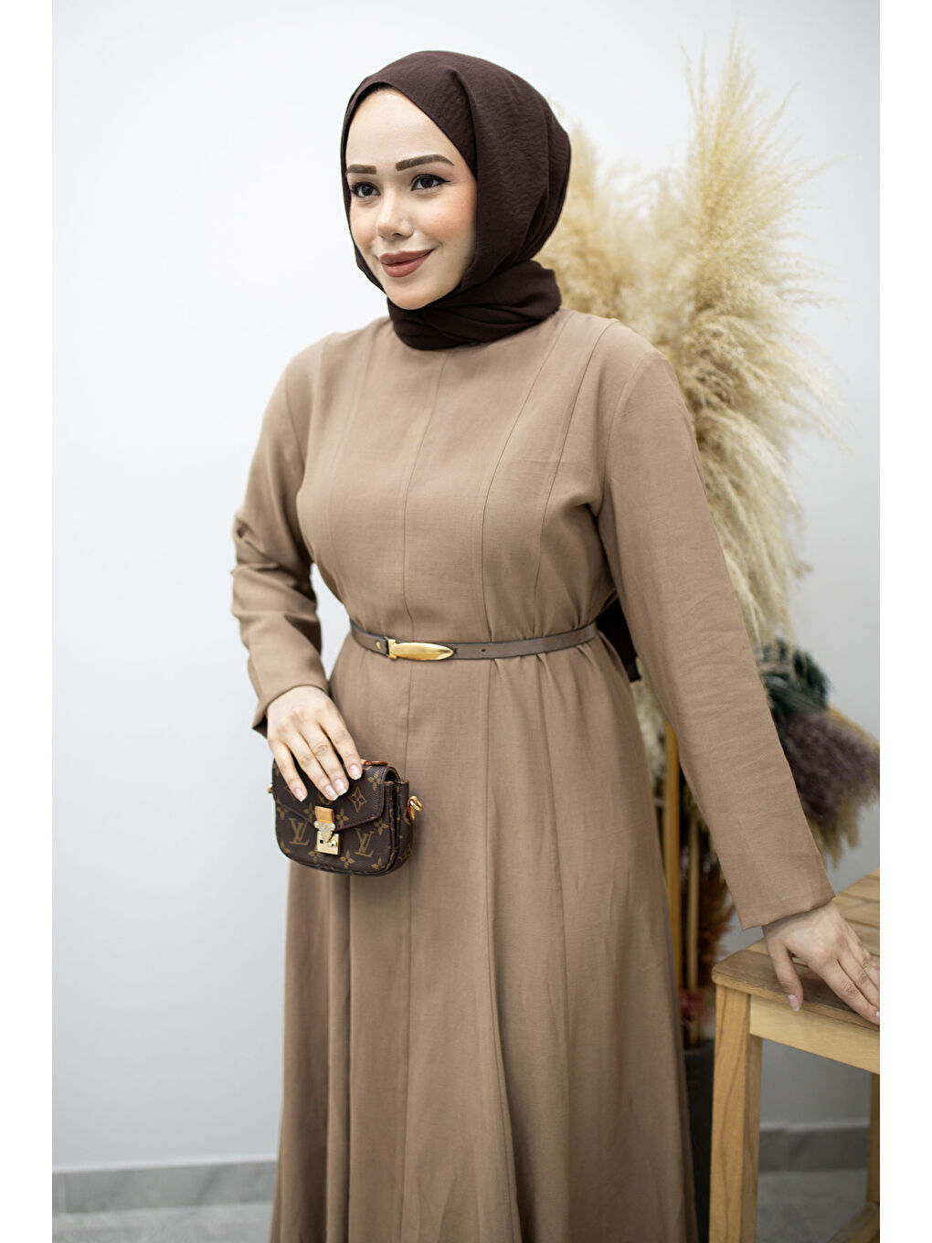 Bej Pensli Hakim Yaka Kemerli Elbise TSD260184 Vizon-1