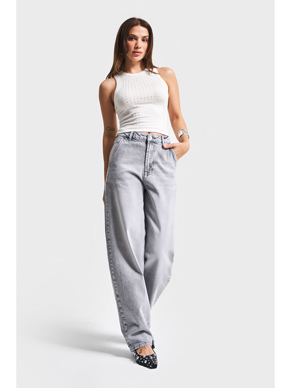 Kadın Gri Renk 4S5-12 Skater Fit Elastanlı Bol Kesim Denim Jean-5