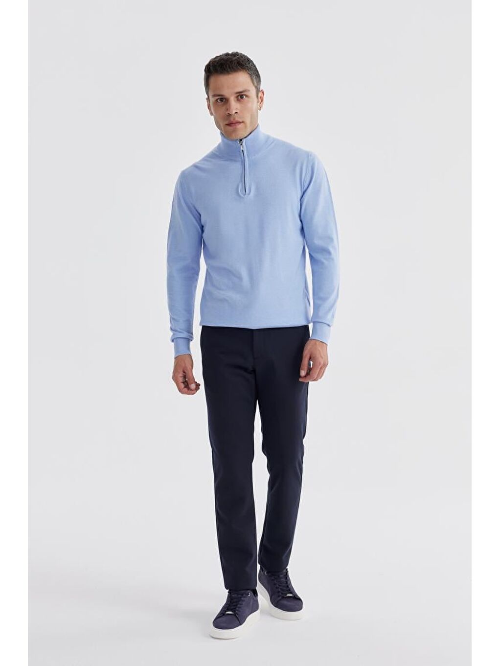 Mavi Slim Fit Fermuarlı Dik Yaka Triko Kazak-1