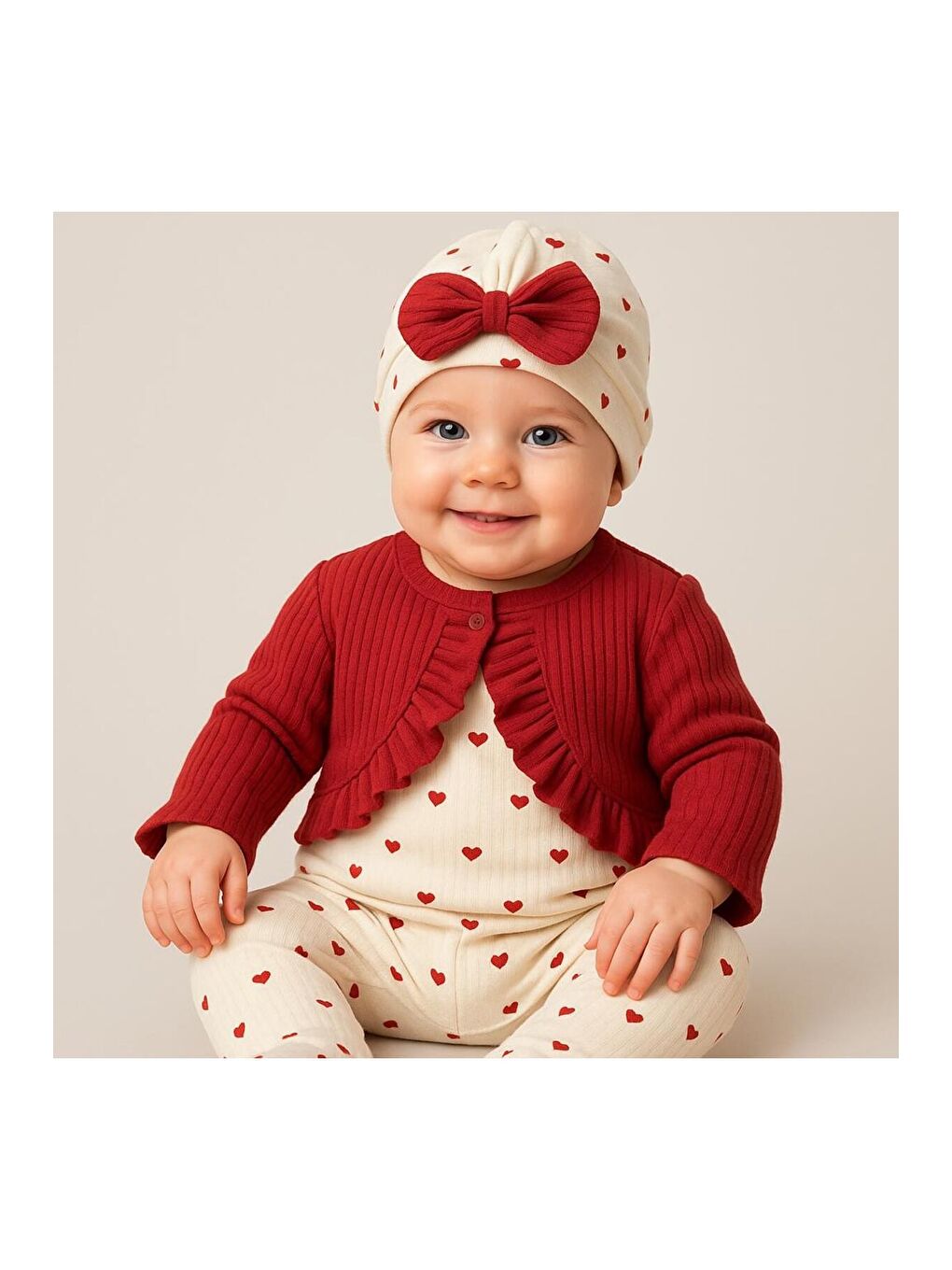 Kırmızı Kız Bebek Fırfırlı Hırka Desenli Tulum Fiyonk Bere 3’lü Takım-2