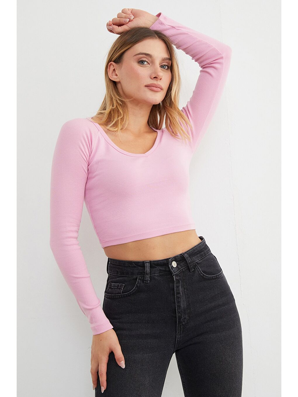 Pembe V Yaka Uzun Kol Crop Bluz