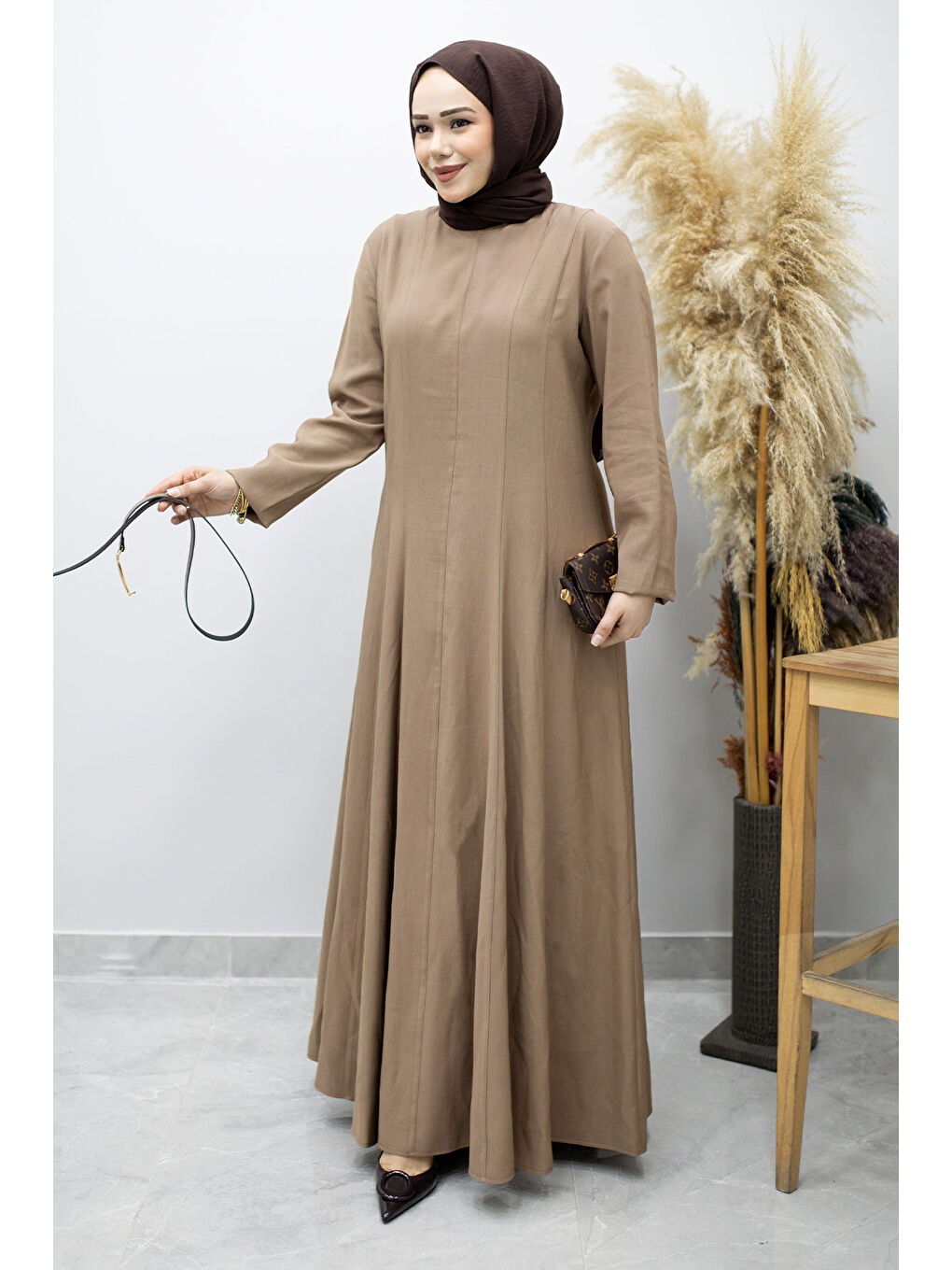 Bej Pensli Hakim Yaka Kemerli Elbise TSD260184 Vizon-2