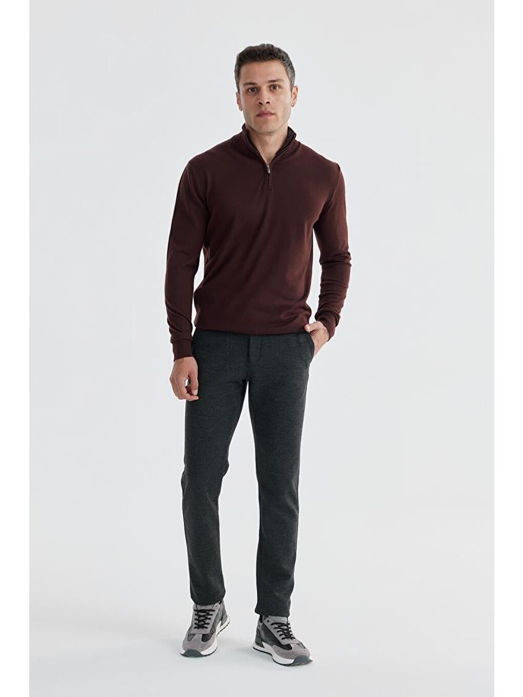 Bordo Slim Fit Fermuarlı Dik Yaka Triko Kazak