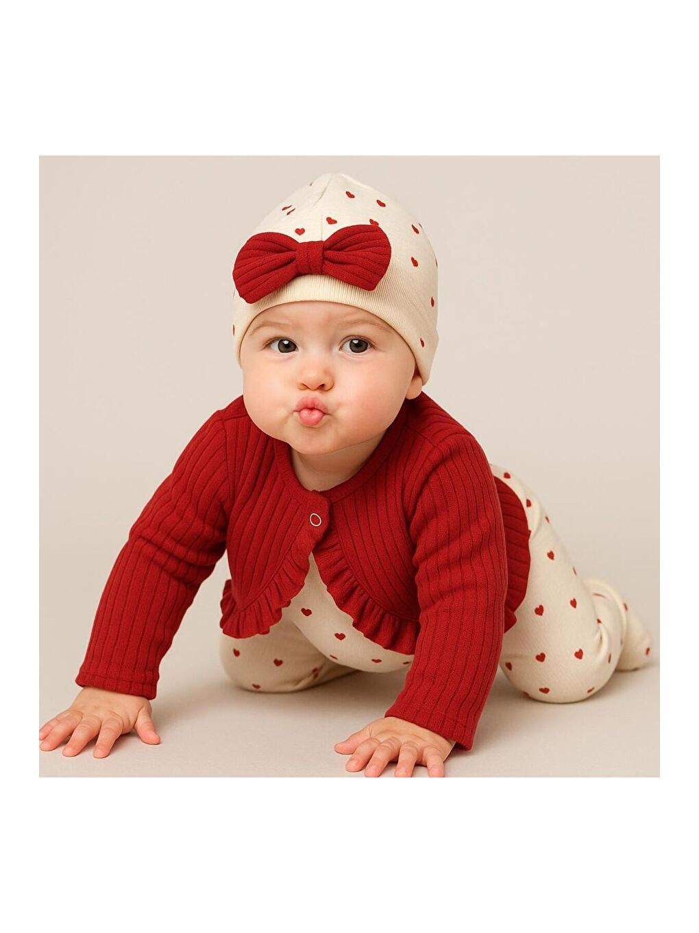 Kırmızı Kız Bebek Fırfırlı Hırka Desenli Tulum Fiyonk Bere 3’lü Takım-3