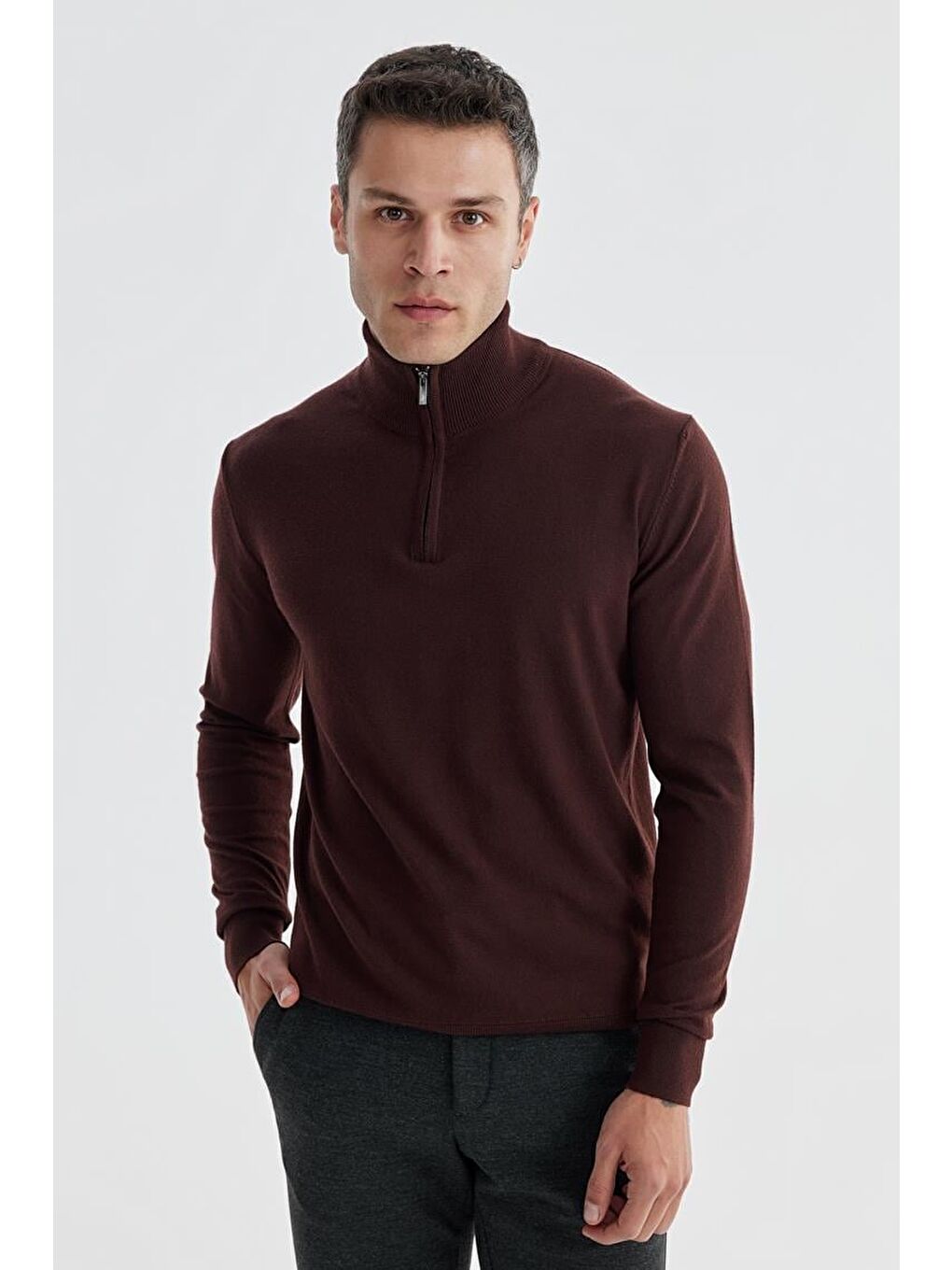 Bordo Slim Fit Fermuarlı Dik Yaka Triko Kazak-1