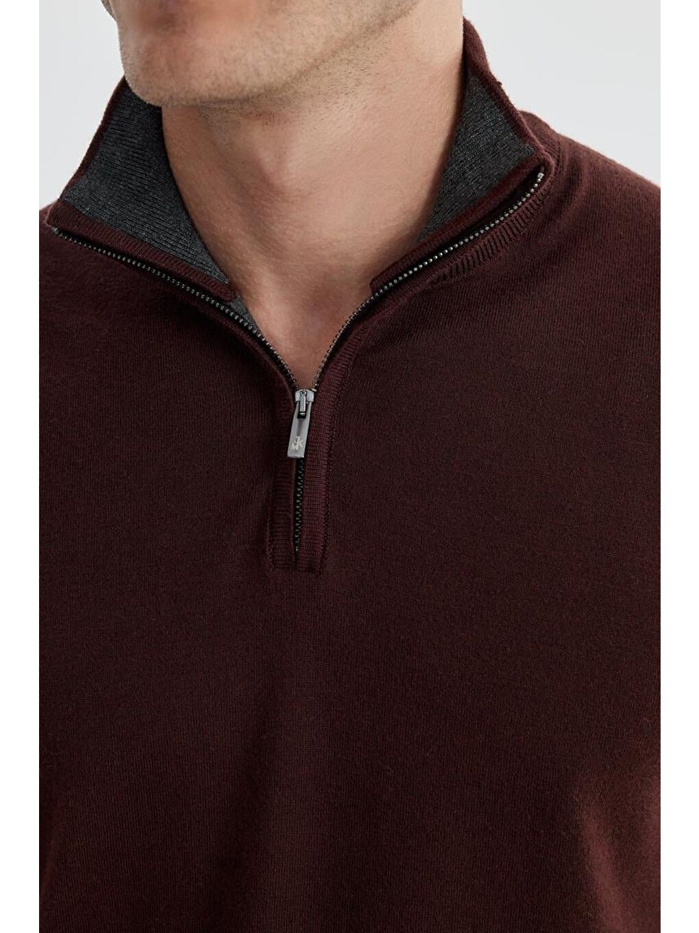 Bordo Slim Fit Fermuarlı Dik Yaka Triko Kazak-2