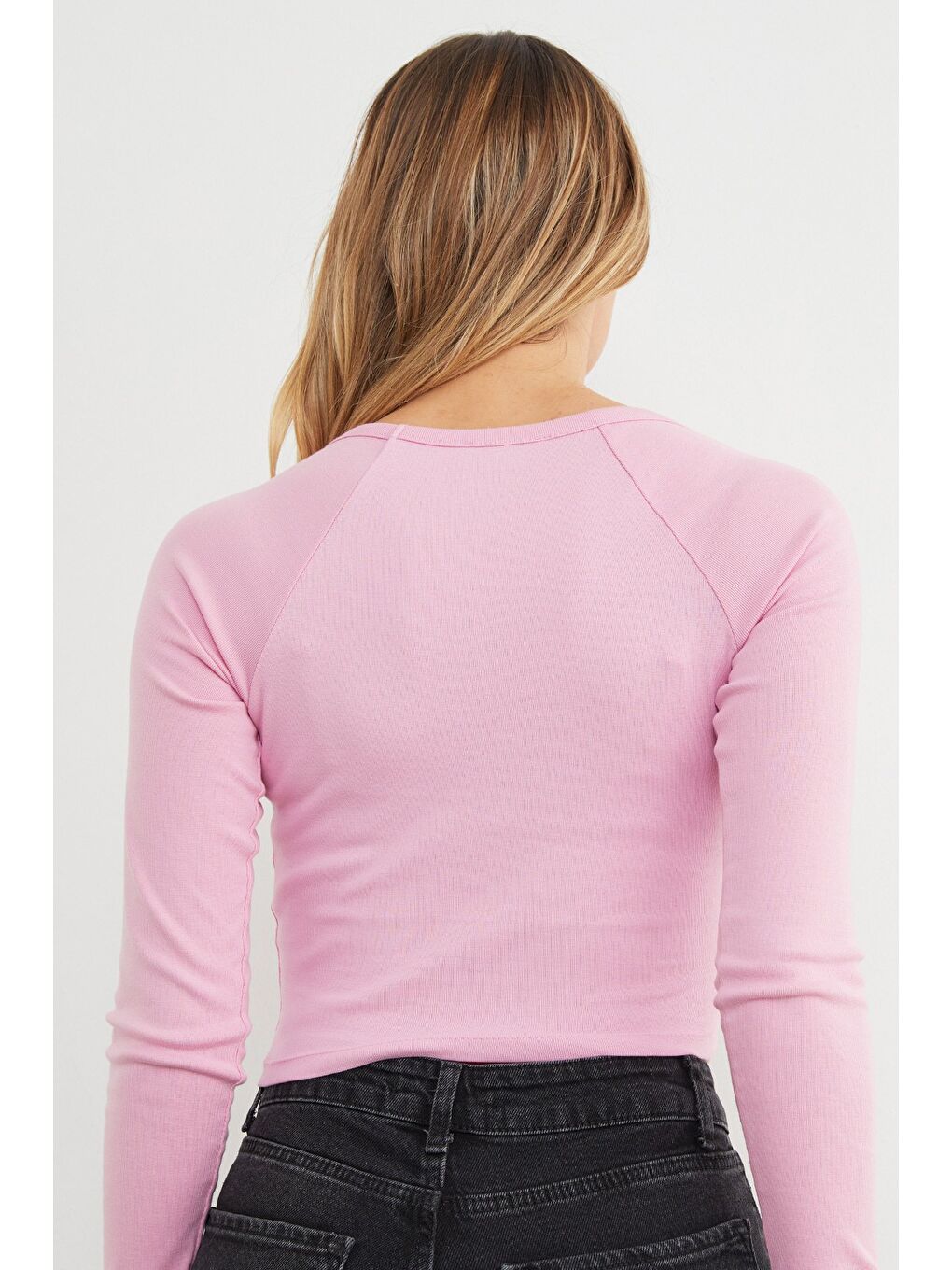 Pembe V Yaka Uzun Kol Crop Bluz-3