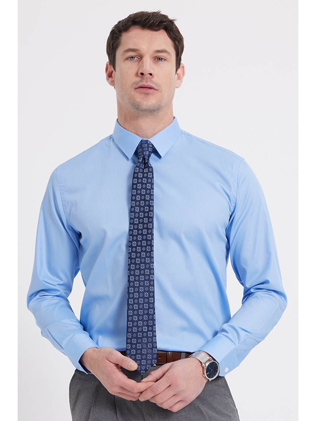 Erkek Slim Fit Non-Iron Pamuklu Doğa Dostu Ekoteks Belgeli Ütü Gerektirmez Açık Mavi Gömlek