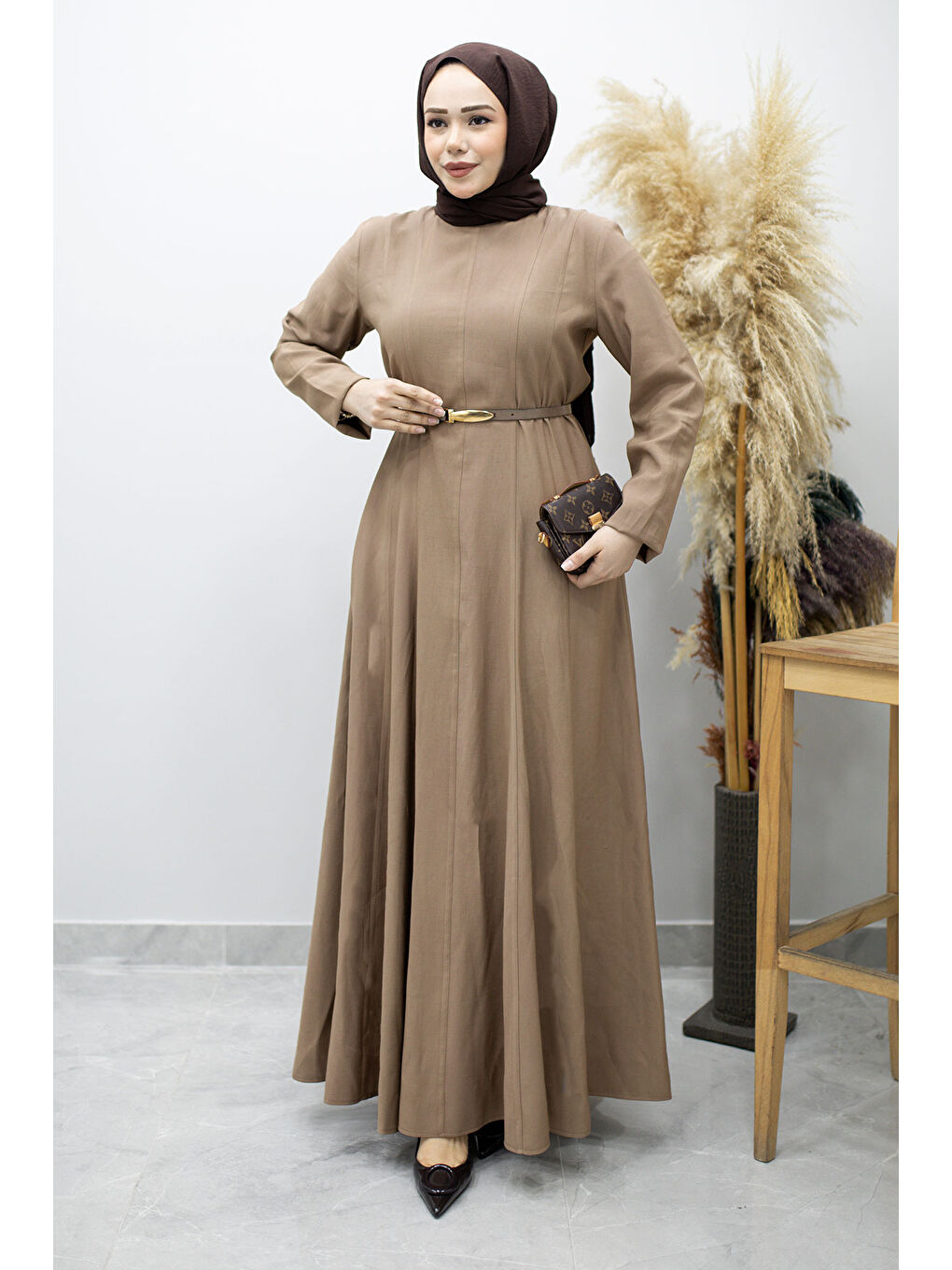 Bej Pensli Hakim Yaka Kemerli Elbise TSD260184 Vizon-4
