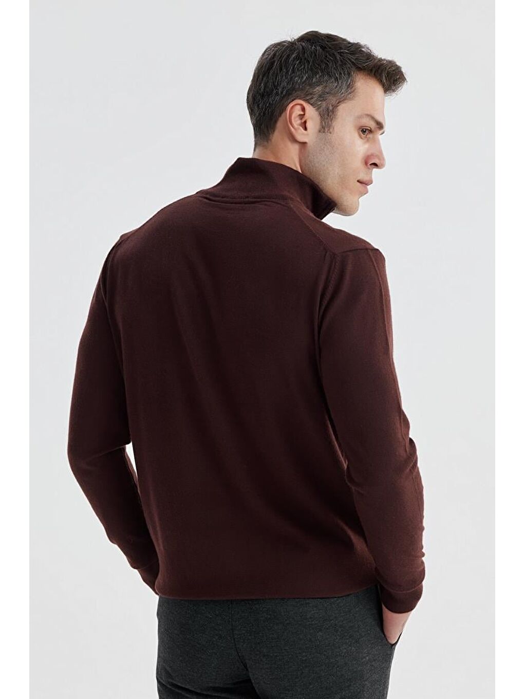 Bordo Slim Fit Fermuarlı Dik Yaka Triko Kazak-3