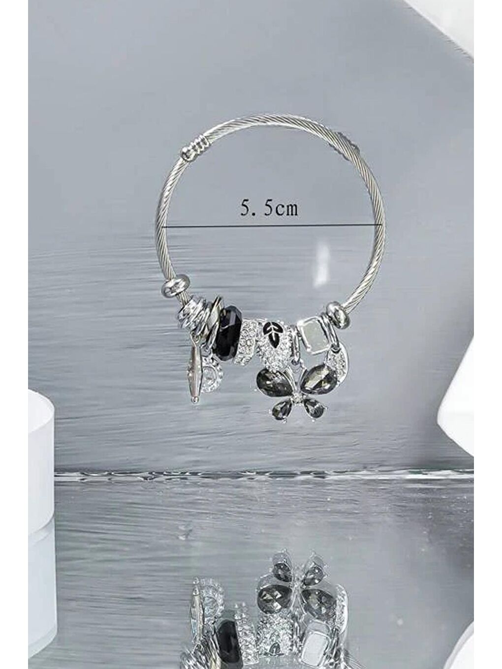 Gri Paslanmaz Kristal kelebek Detaylı Siyah Charm Sallantılı Bileklik-5