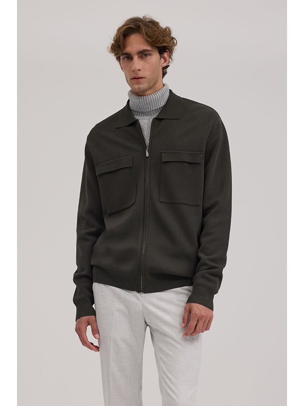 Haki Slim Fit Bebe Yaka Fermuarlı Cepli Rayon Triko Ceket