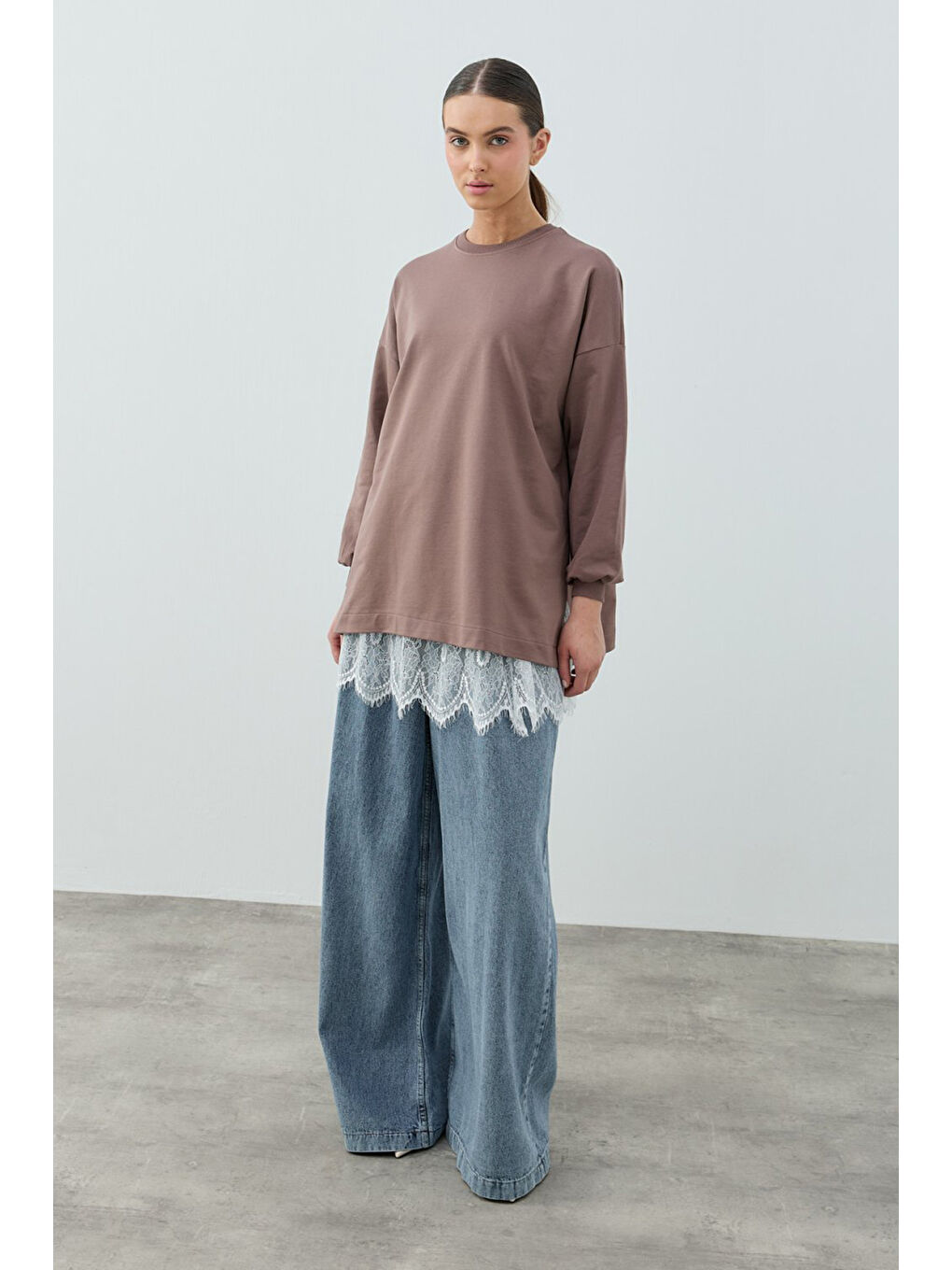 Dantel Detay Etek İçlikli Loly Sweat 1793 Kahverengi-1