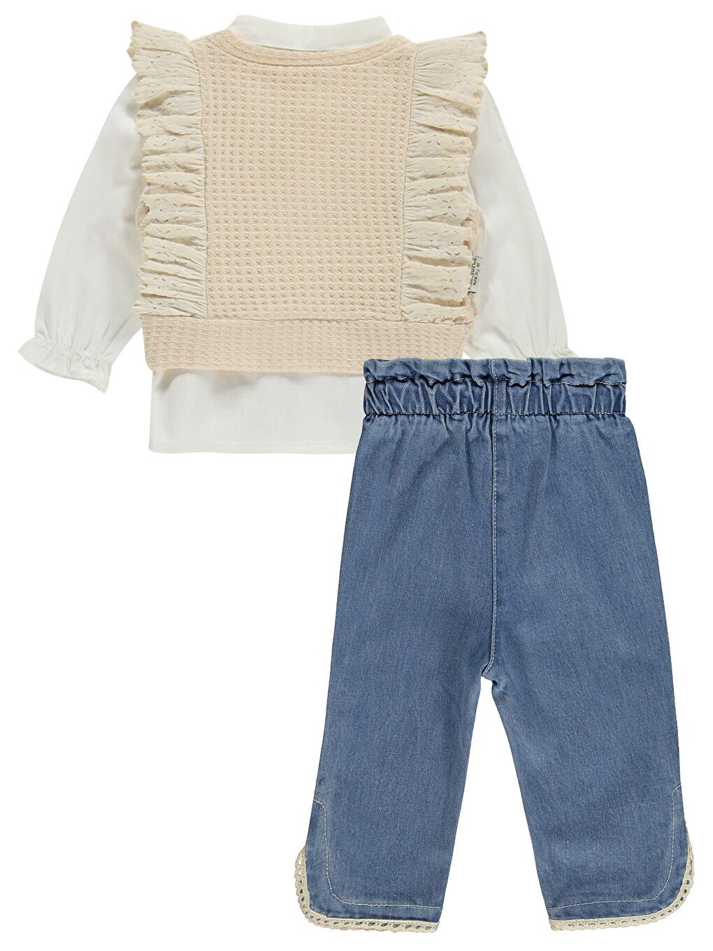 Ekru Fırfır Süeterli 3 Lü Jean 6-18 Ay Takım - Bej 6-9 Ay-1