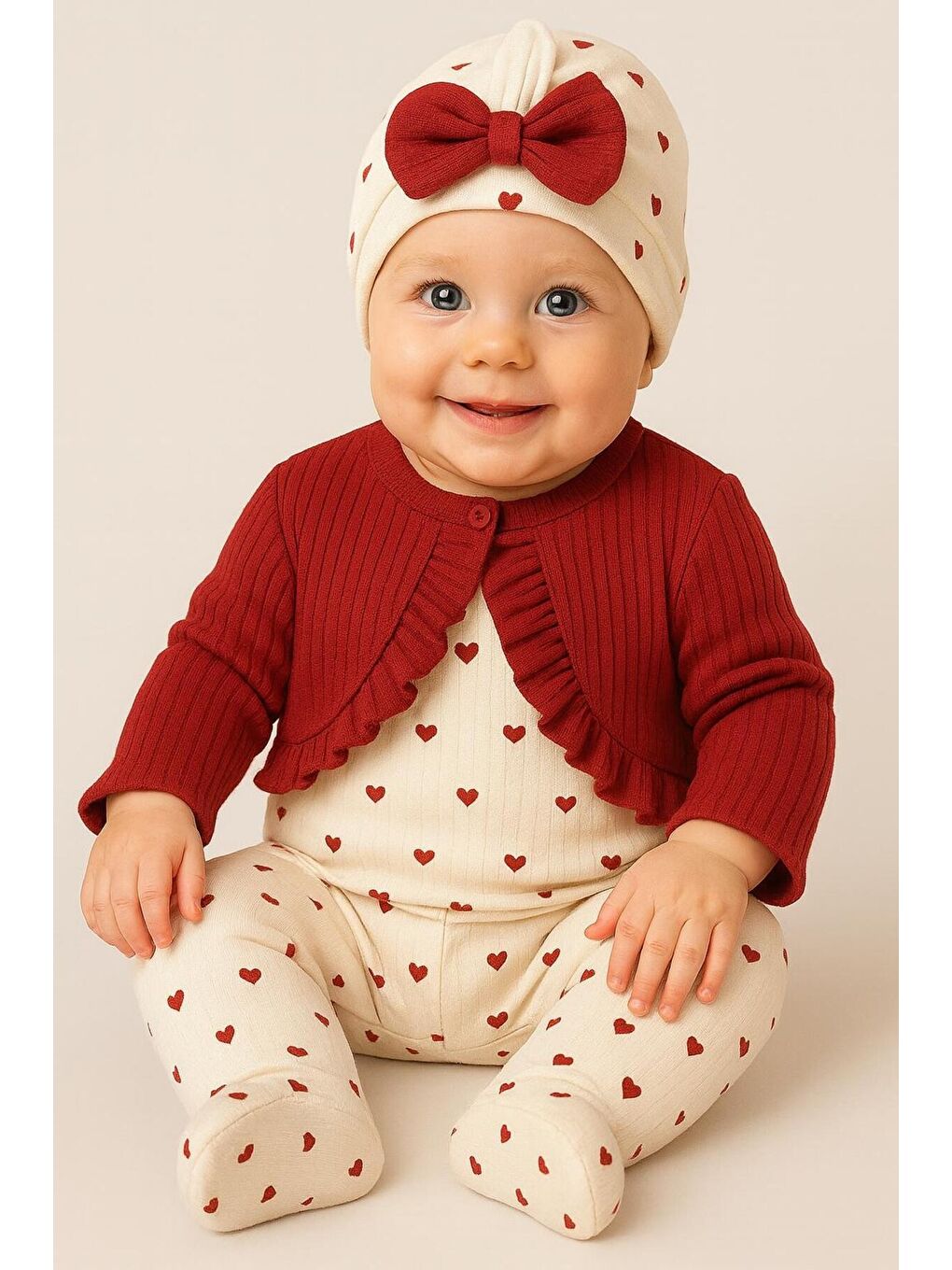 Kırmızı Kız Bebek Fırfırlı Hırka Desenli Tulum Fiyonk Bere 3’lü Takım-5