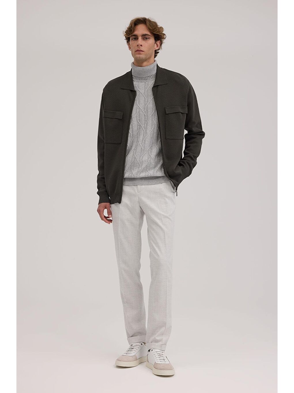 Haki Slim Fit Bebe Yaka Fermuarlı Cepli Rayon Triko Ceket-1