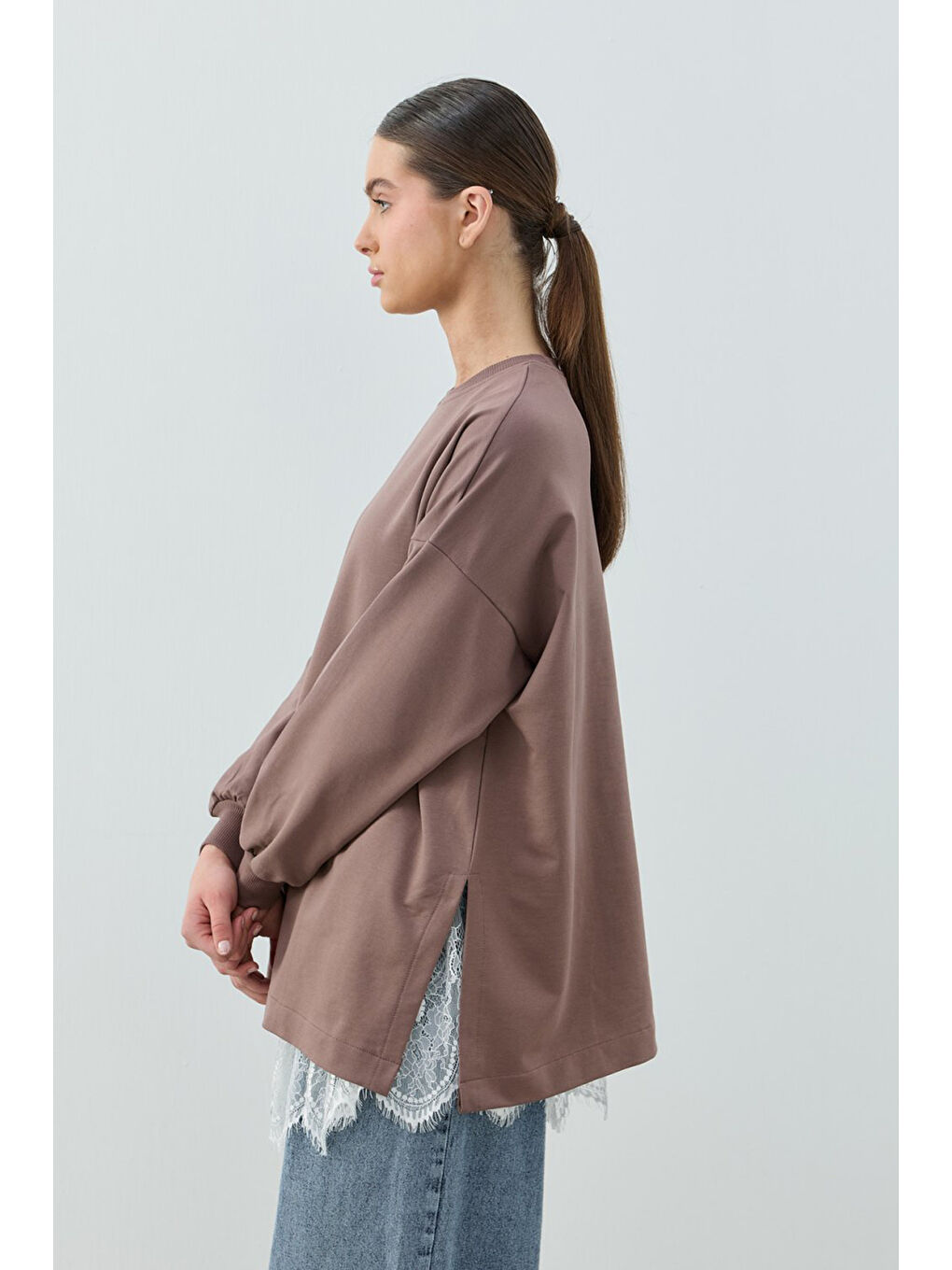 Dantel Detay Etek İçlikli Loly Sweat 1793 Kahverengi-2