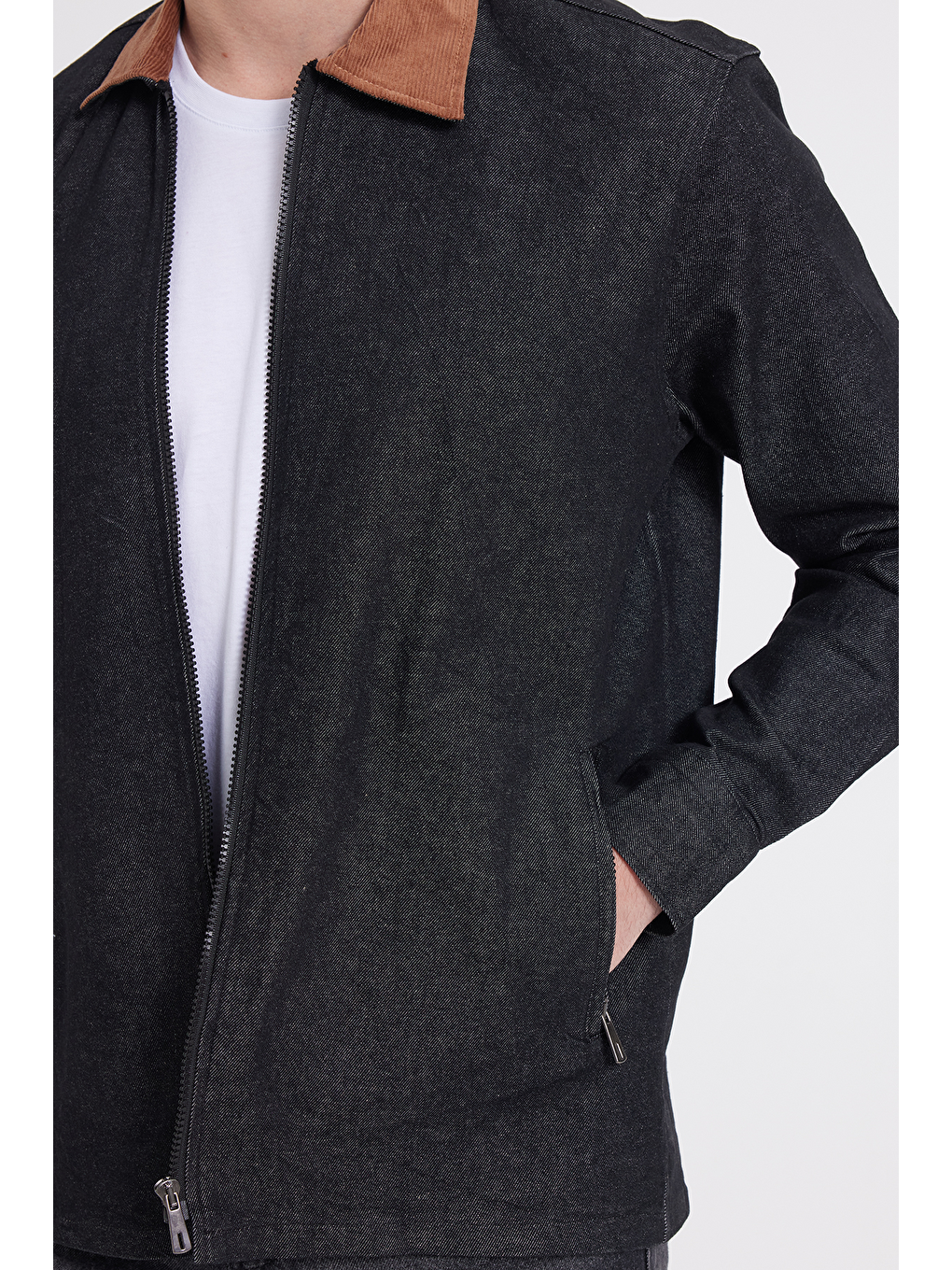 Erkek Regular Fit Rahat Kesim Kadife Yaka Fermuarlı Denim Siyah Ceket-3