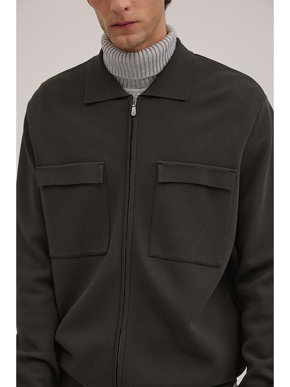 Haki Slim Fit Bebe Yaka Fermuarlı Cepli Rayon Triko Ceket-2