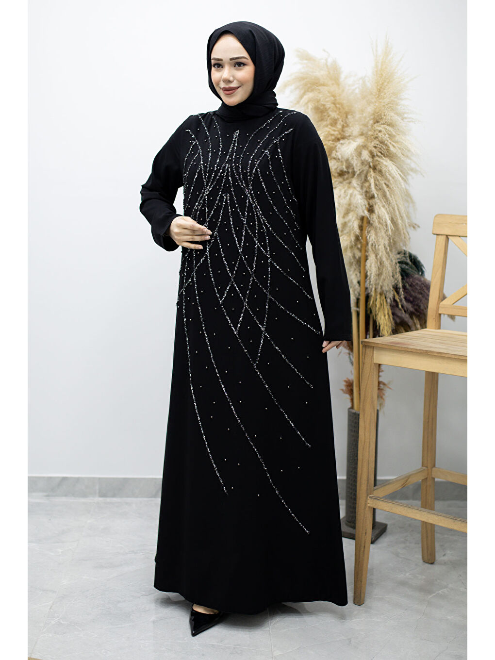 Hakim Yaka Taşlı Elbise TSD260170 Siyah-2
