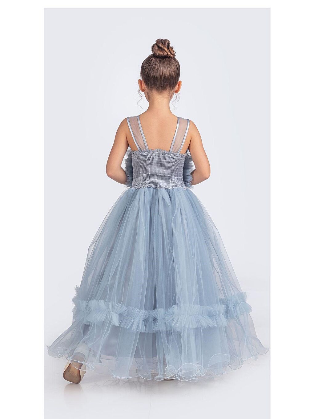 Mavi Uzun Etekli , Askılı Kız Cocuk Gül Motif Abiye Elbise M00670-8