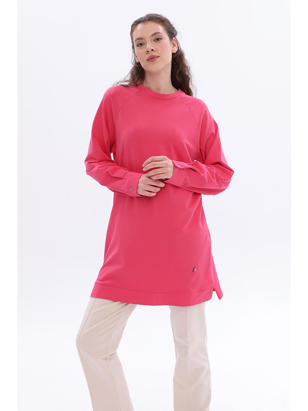 ALLDAY Pembe Pamuklu Reglan Kol Manşetli Yanları Yırtmaçlı Sweat Tunik