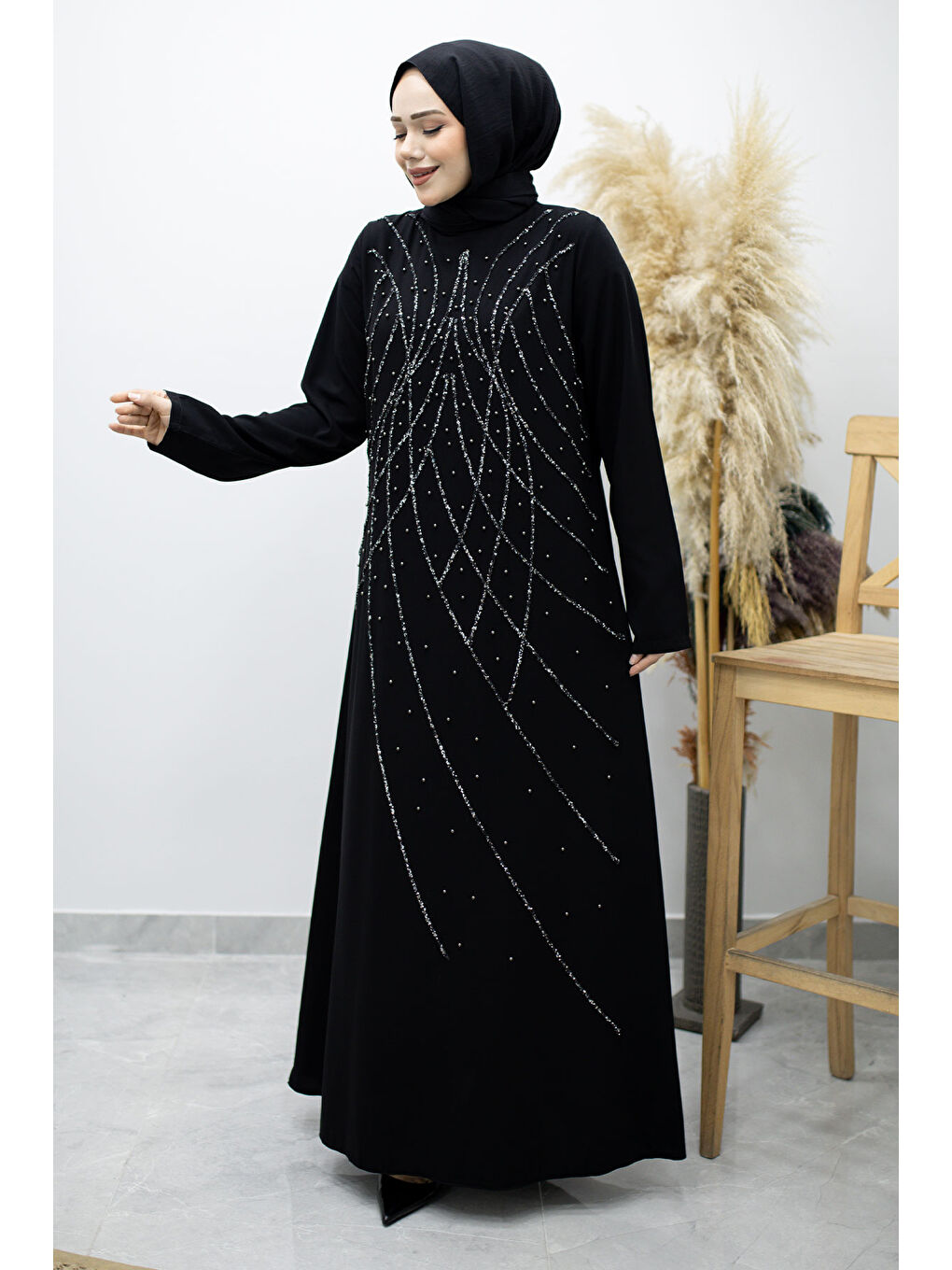 Hakim Yaka Taşlı Elbise TSD260170 Siyah-4