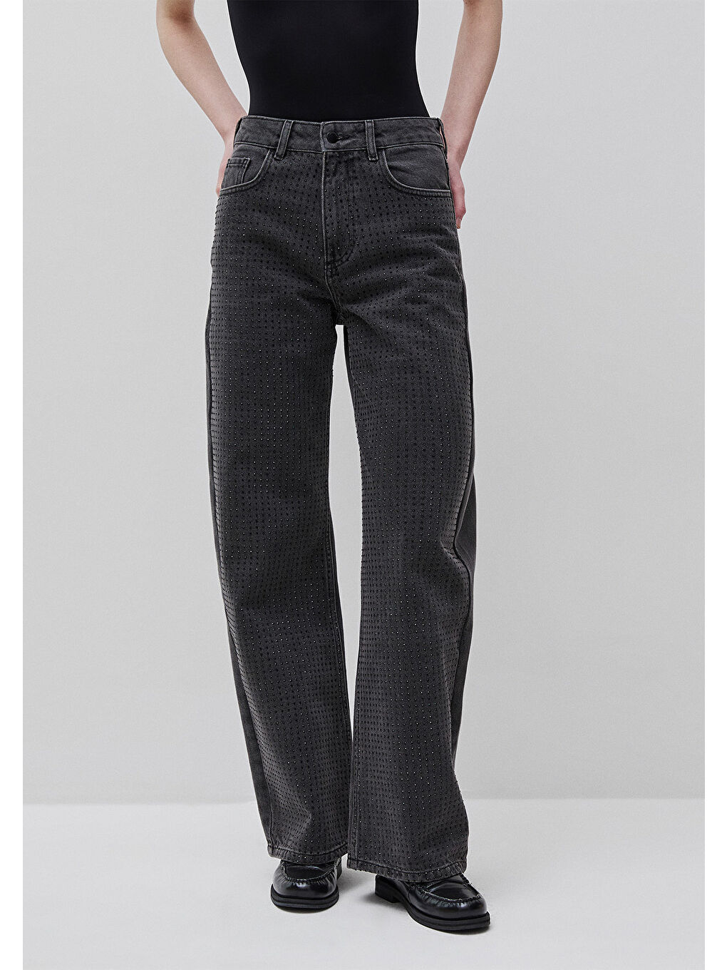 Kadın Siyah %100 Pamuk 5 Cepli Wide Fit Denim Pantolon