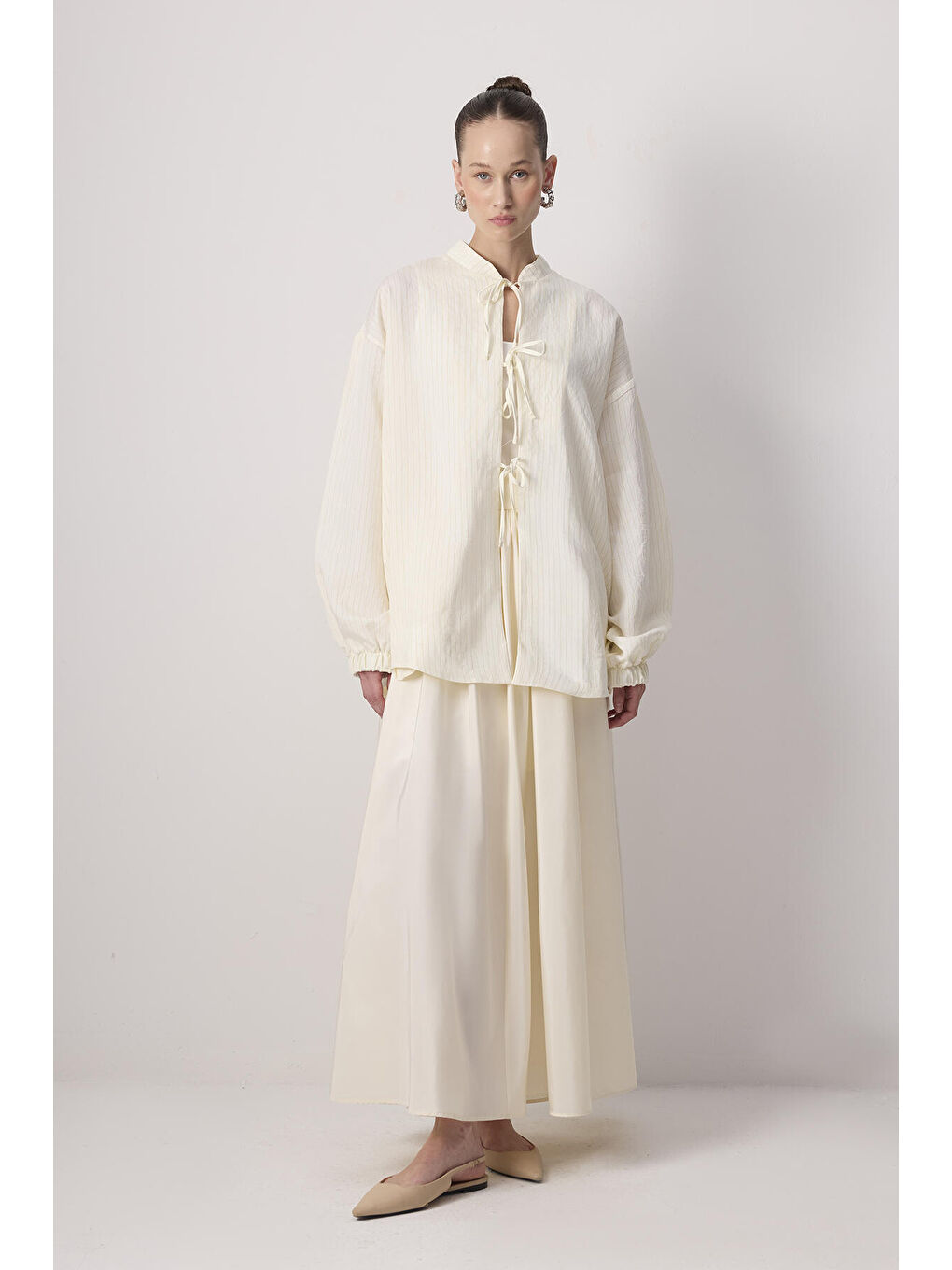 Ekru Çizgili Bomber Ceket