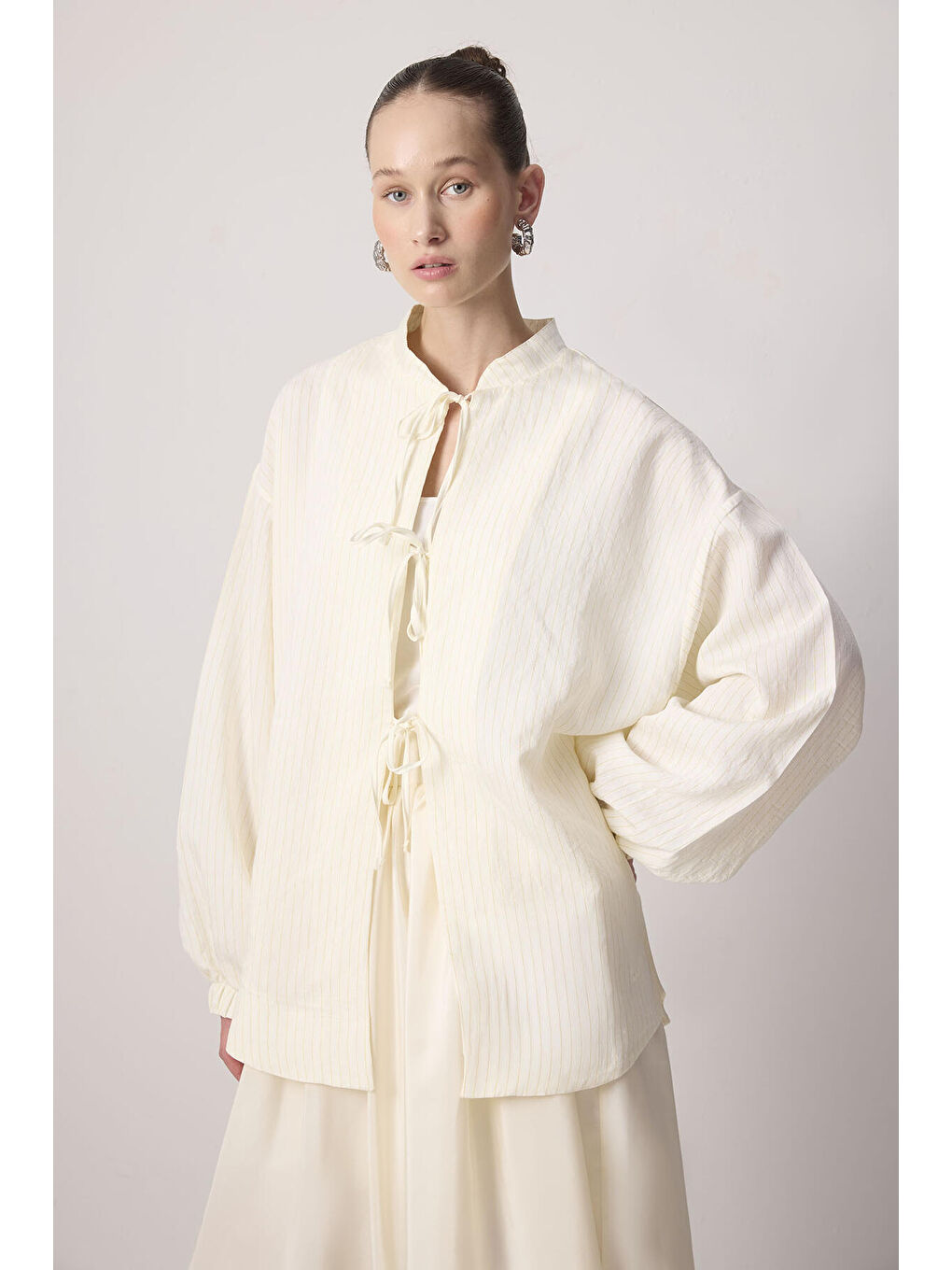 Ekru Çizgili Bomber Ceket-1