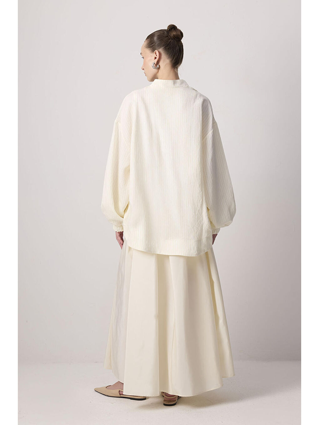 Ekru Çizgili Bomber Ceket-4