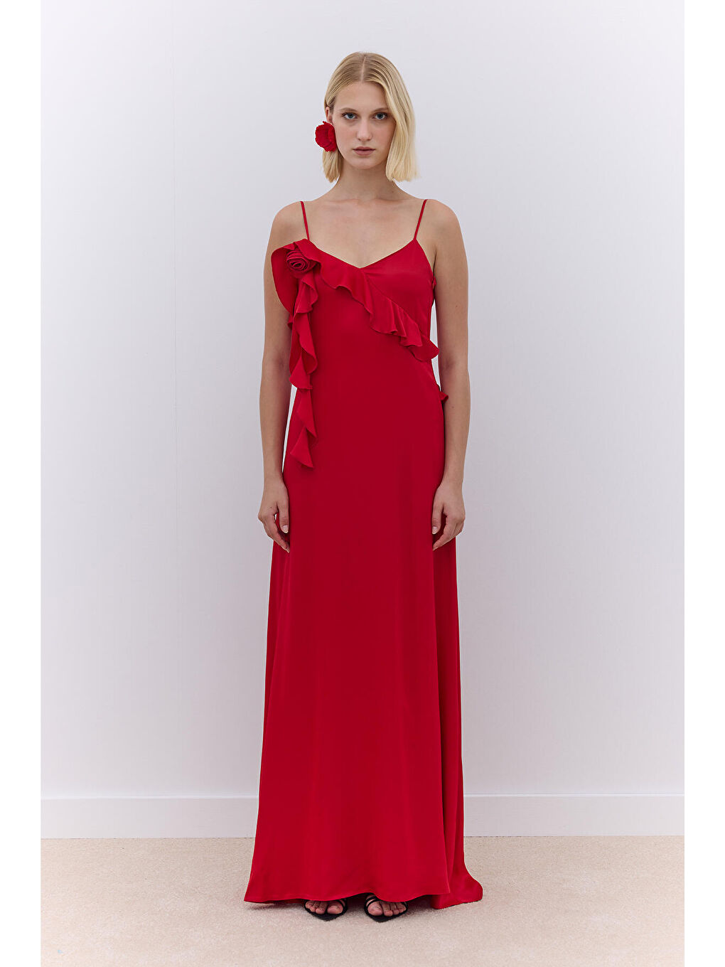 Rosalie Askılı Abiye Elbise Kırmızı-2