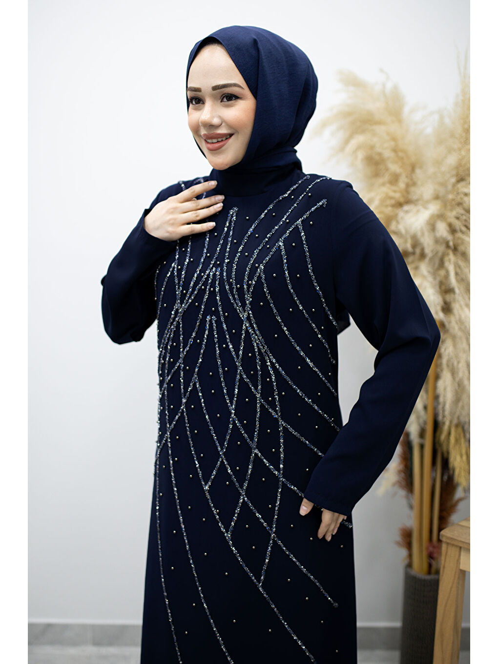 Hakim Yaka Taşlı Elbise TSD260170 Lacivert-1