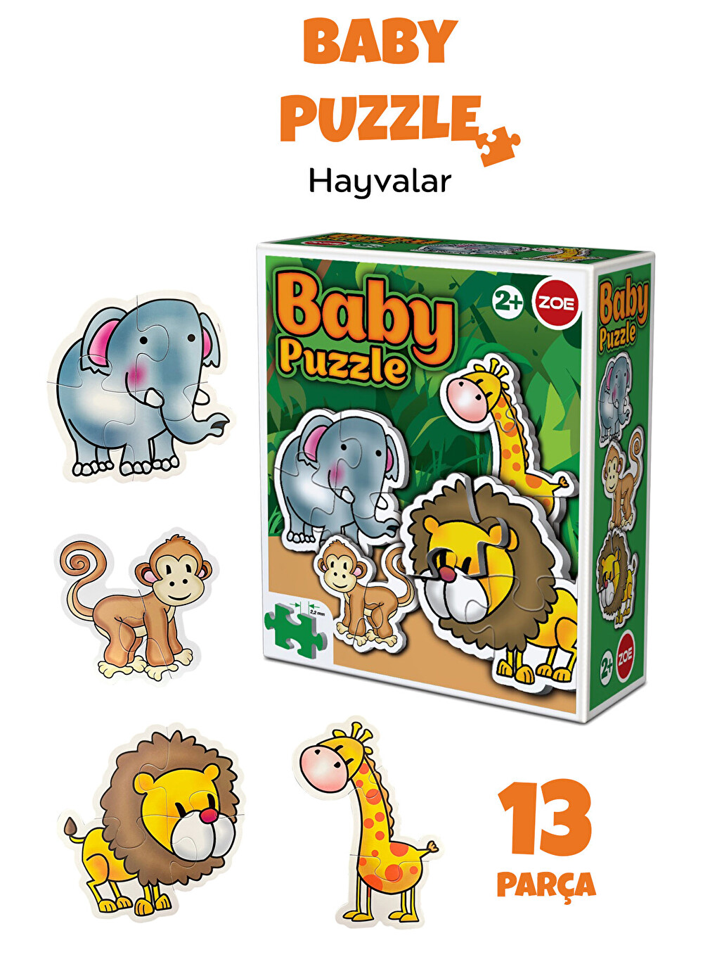 13 Parça Hayvan Figürlü Puzzle Seti - Aslan Fil Zürafa Maymun Şekilli 2-3 Yaş Eğitici Yapboz