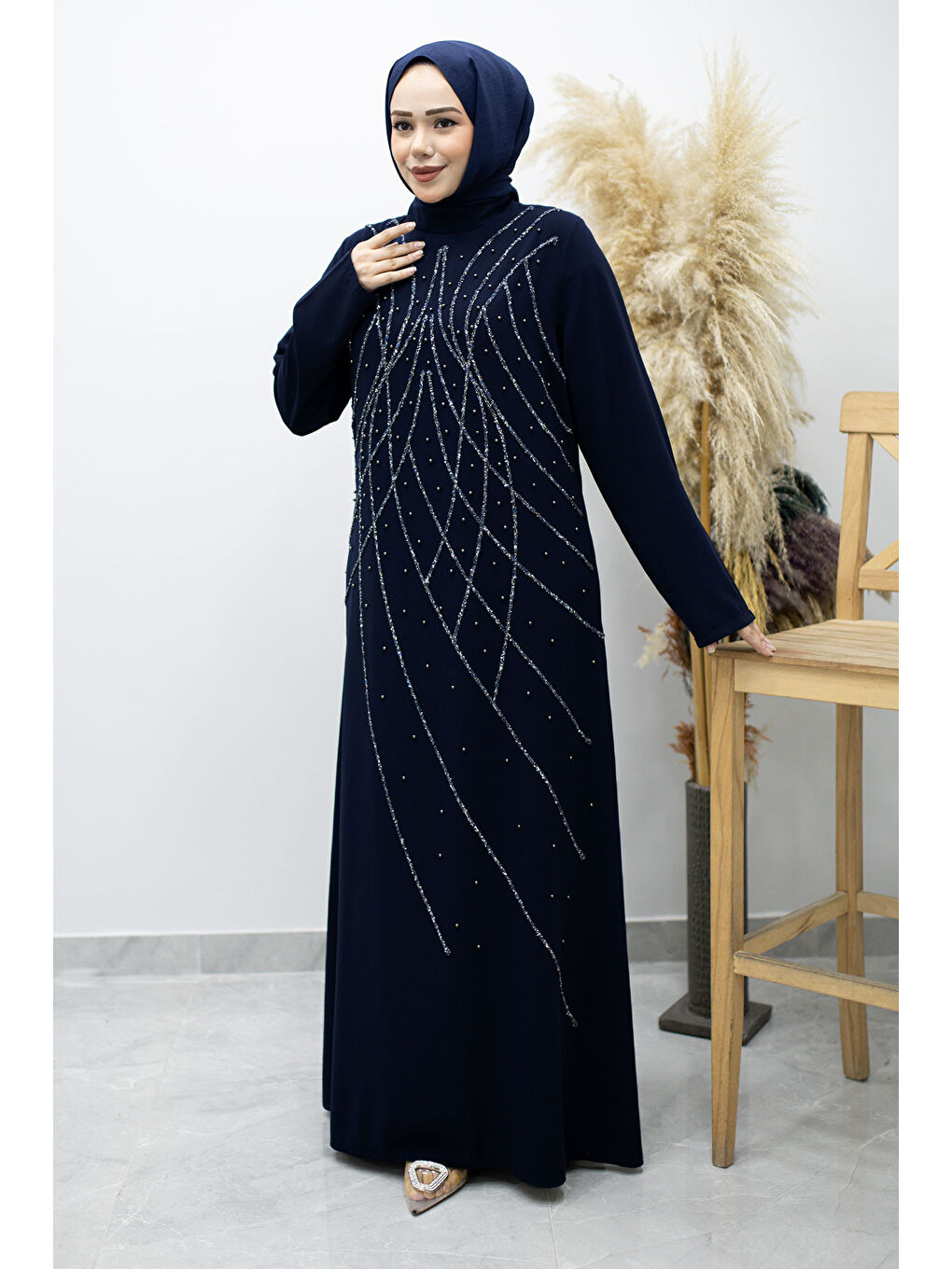 Hakim Yaka Taşlı Elbise TSD260170 Lacivert-2