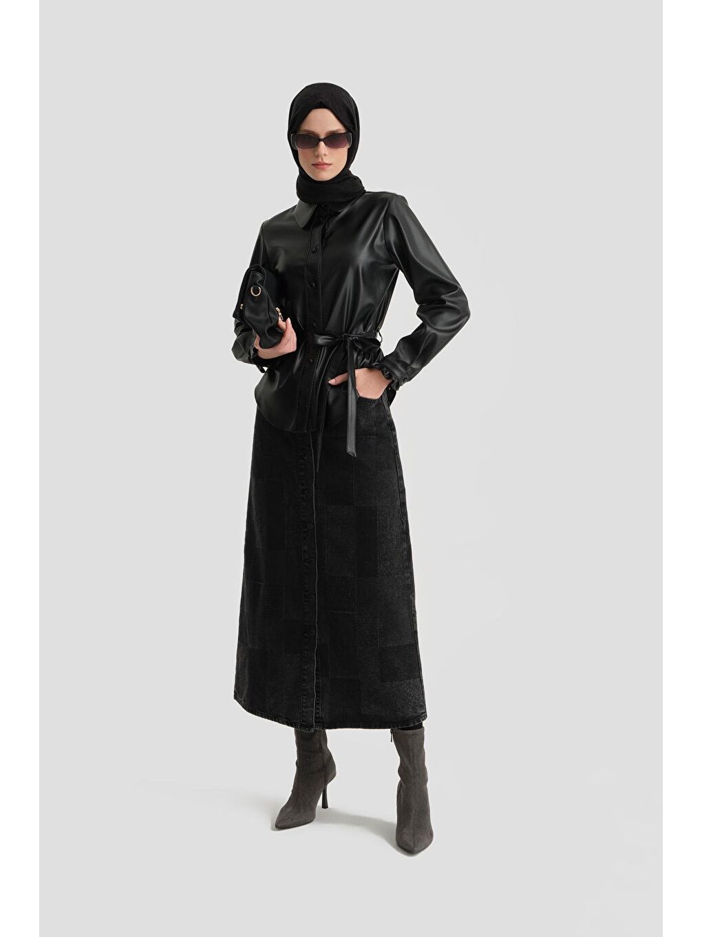 Örgü Şeritli Deri Gömlek 24K3610 Siyah