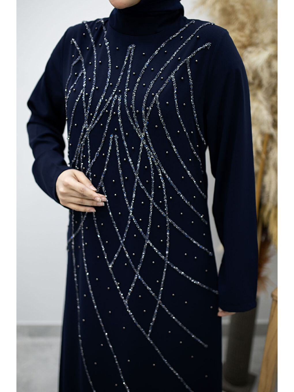 Hakim Yaka Taşlı Elbise TSD260170 Lacivert-3
