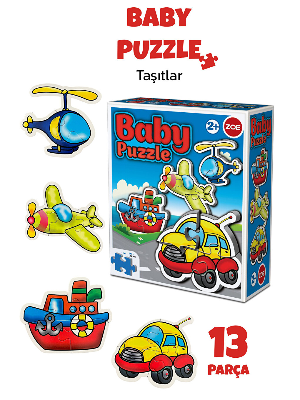 13 Parça Taşıt Figürlü Puzzle Seti - Araba Gemi Uçak Helikopter Şekilli 2-3 Yaş Eğitici Yapboz