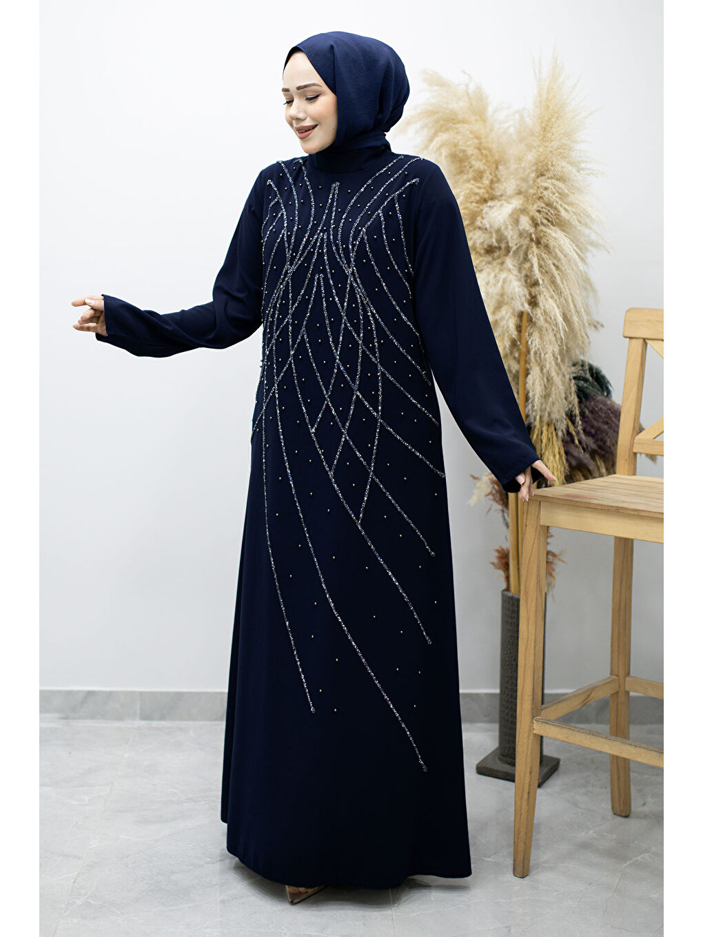 Hakim Yaka Taşlı Elbise TSD260170 Lacivert-4