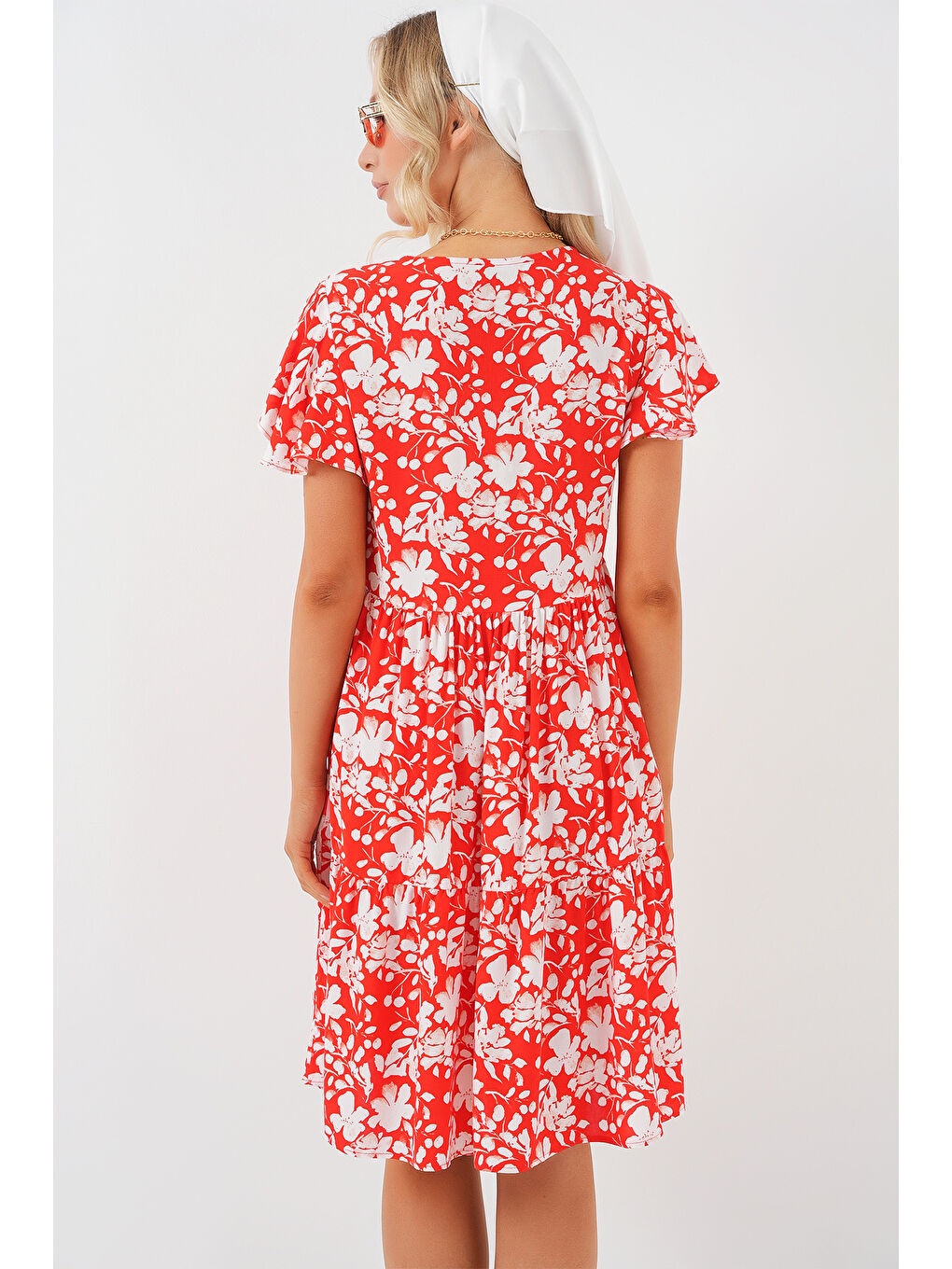 2352 V Yaka Kısa Elbise - Kırmızı-5