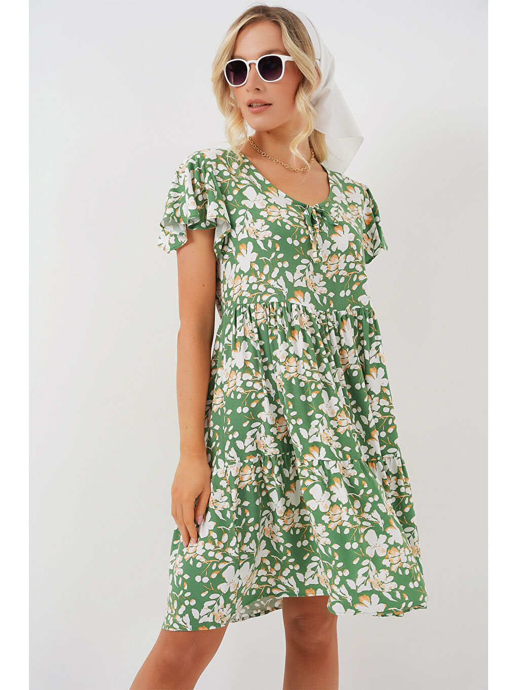 2352 V Yaka Kısa Elbise - M. Yeşil-3