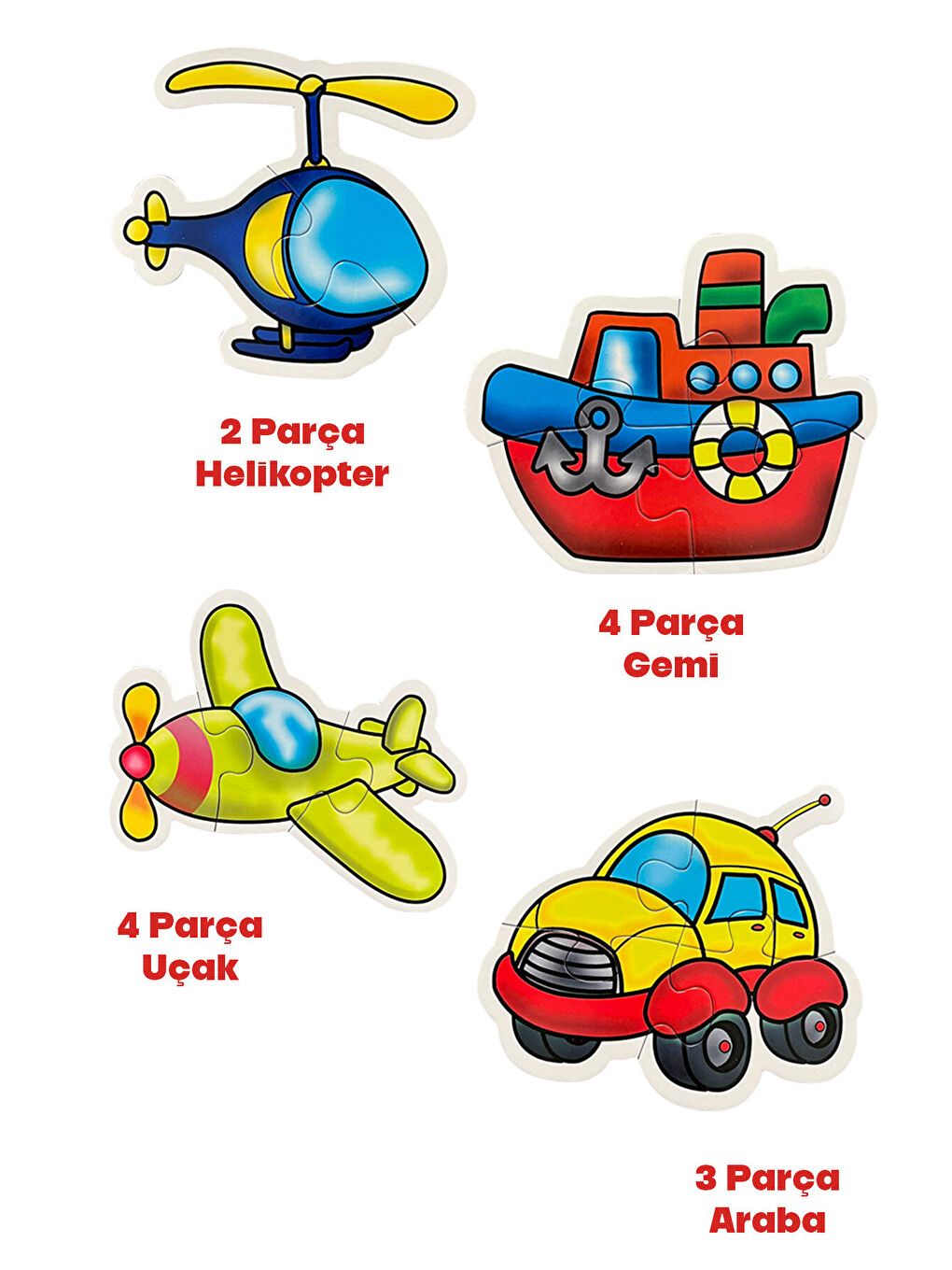 13 Parça Taşıt Figürlü Puzzle Seti - Araba Gemi Uçak Helikopter Şekilli 2-3 Yaş Eğitici Yapboz-1