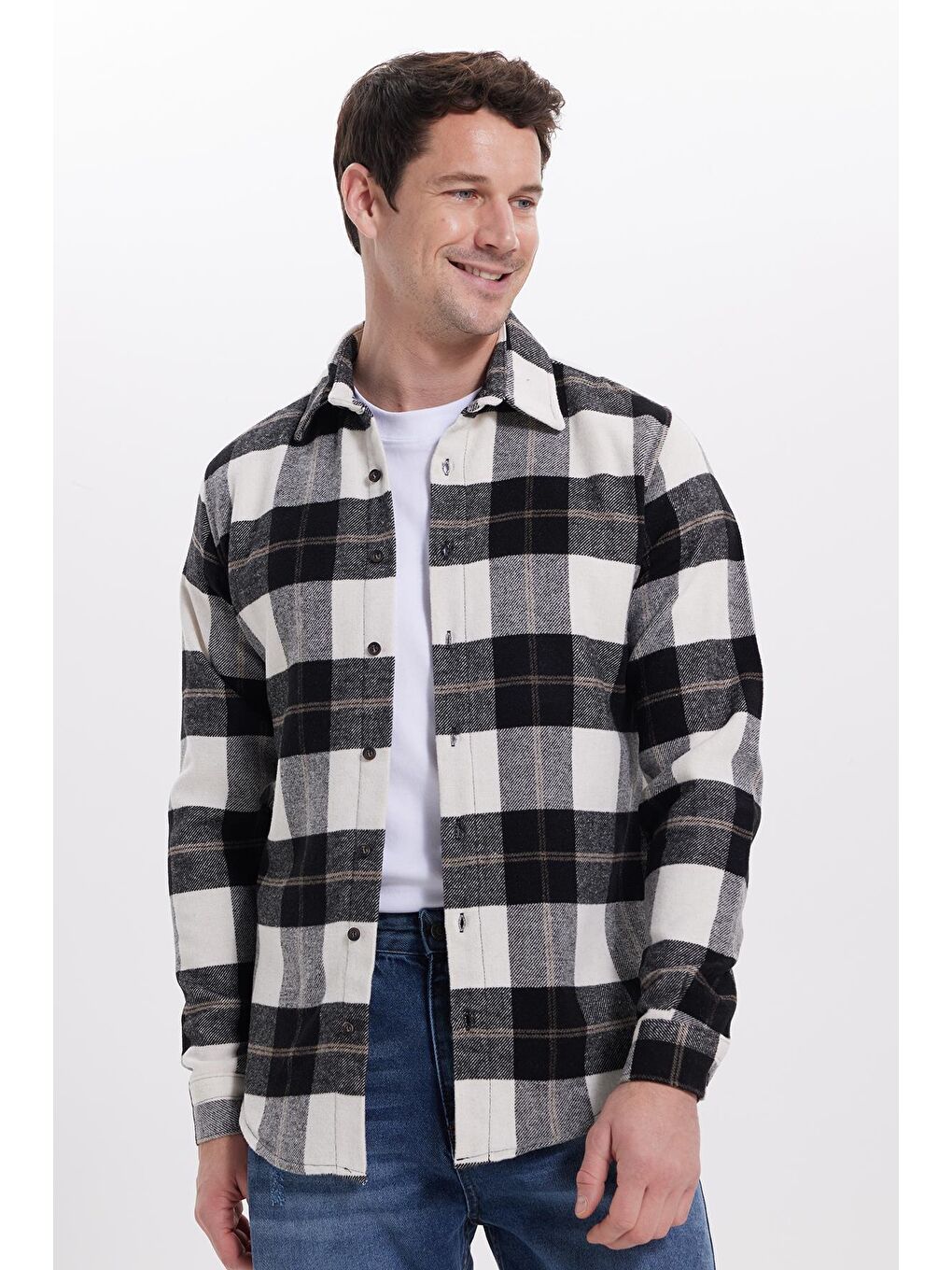 Beyaz Erkek Slim Fit Dar Kesim Kareli Kışlık Oduncu Gömlek-1